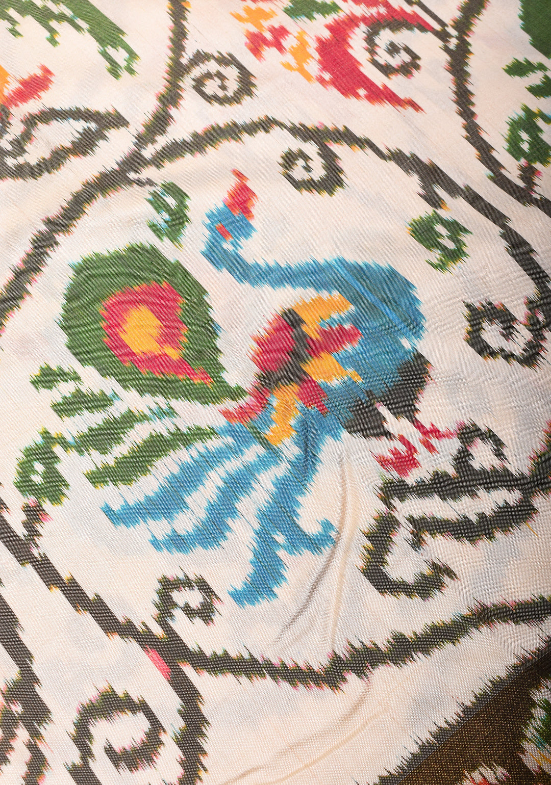 Ivory Ikkat Kanjivaram Fusion Silk Saree with Peacock & Parrot Motifs and zari border | SILK MARK CERTIFIED