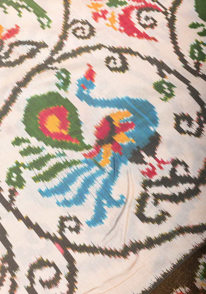 Ivory Ikkat Kanjivaram Fusion Silk Saree with Peacock & Parrot Motifs and zari border | SILK MARK CERTIFIED