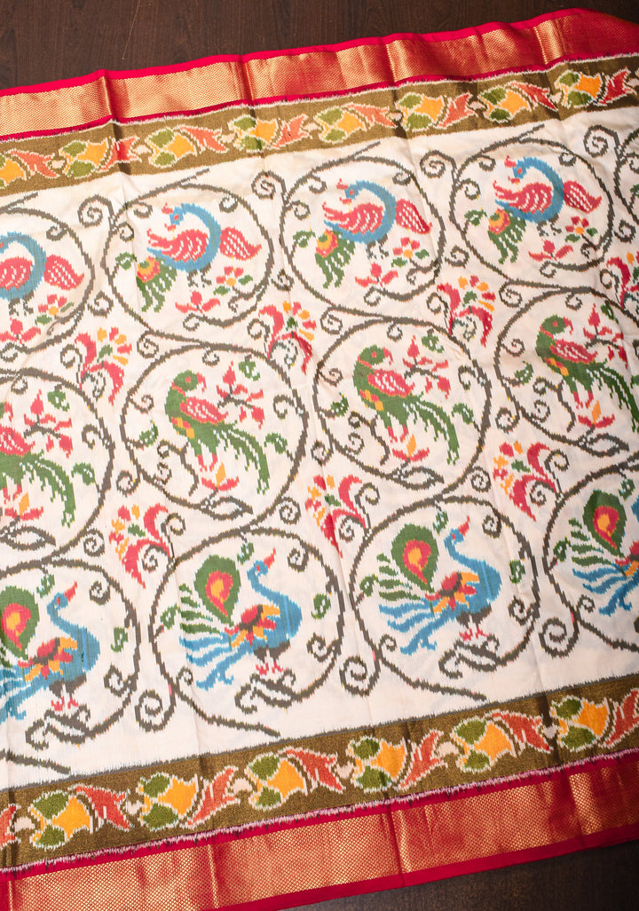 Ivory Ikkat Kanjivaram Fusion Silk Saree with Peacock & Parrot Motifs and zari border | SILK MARK CERTIFIED
