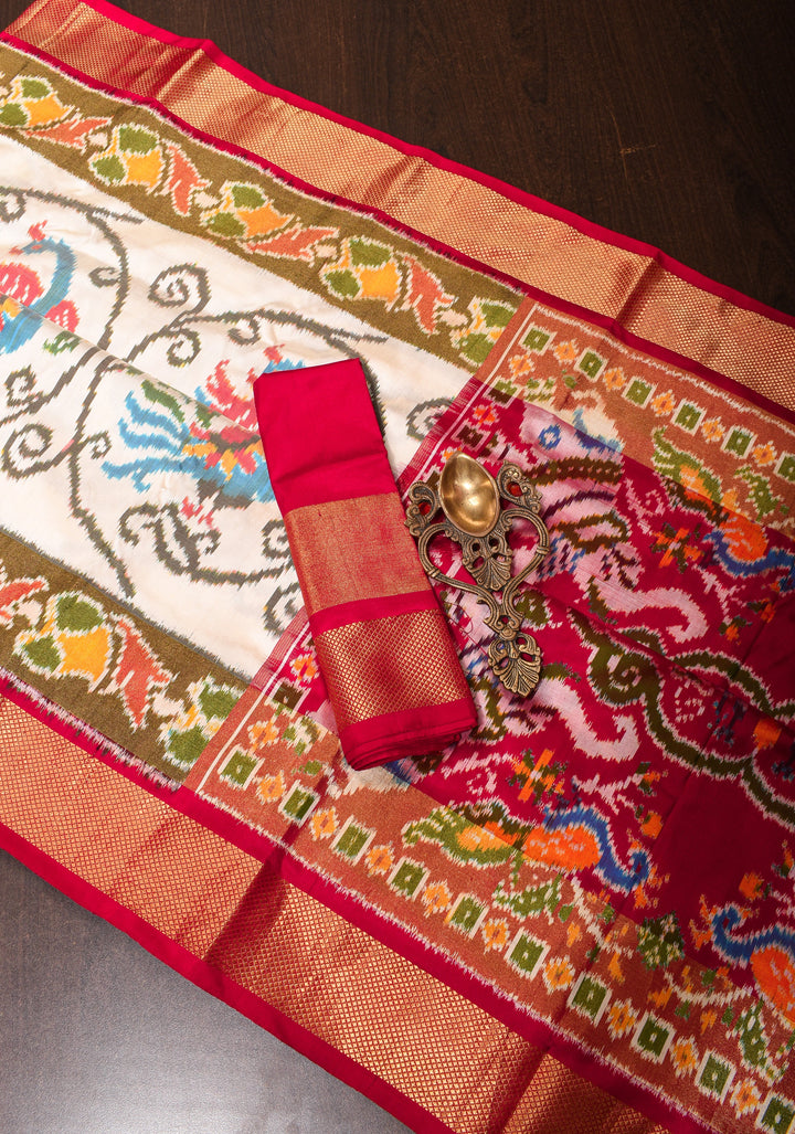 Ivory Ikkat Kanjivaram Fusion Silk Saree with Peacock & Parrot Motifs and zari border | SILK MARK CERTIFIED