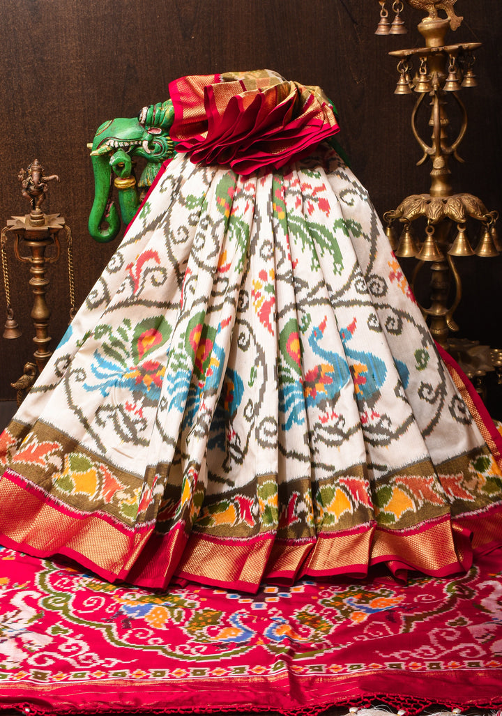 Ivory Ikkat Kanjivaram Fusion Silk Saree with Peacock & Parrot Motifs and zari border | SILK MARK CERTIFIED