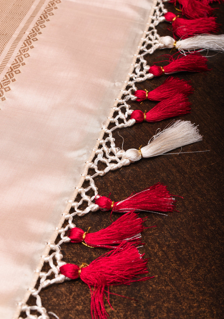 Red Ikkat Kanjivaram Silk Saree with Peacock Motifs and Contrast Wide Zari Border and Ikkat Blouse Piece  | SILK MARK CERTIFIED
