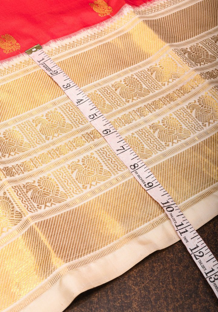 Red Ikkat Kanjivaram Silk Saree with Peacock Motifs and Contrast Wide Zari Border and Ikkat Blouse Piece  | SILK MARK CERTIFIED