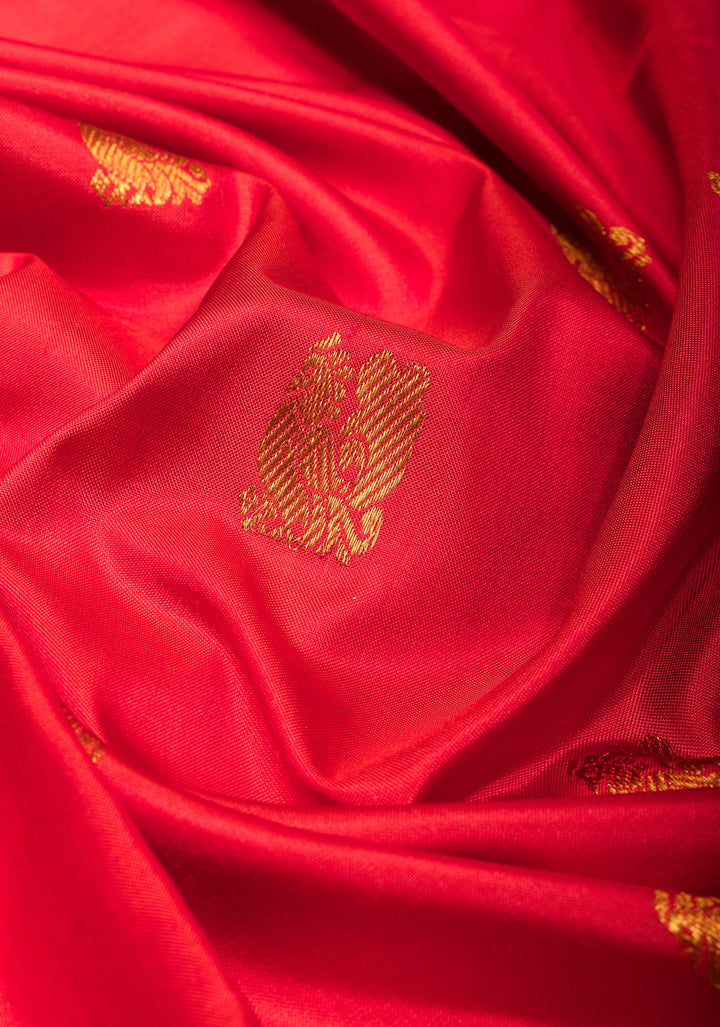 Red Ikkat Kanjivaram Silk Saree with Peacock Motifs and Contrast Wide Zari Border and Ikkat Blouse Piece  | SILK MARK CERTIFIED
