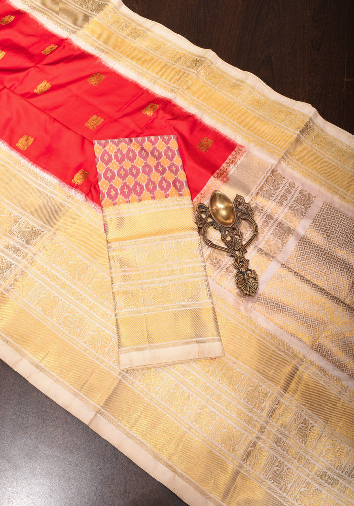 Red Ikkat Kanjivaram Silk Saree with Peacock Motifs and Contrast Wide Zari Border and Ikkat Blouse Piece  | SILK MARK CERTIFIED