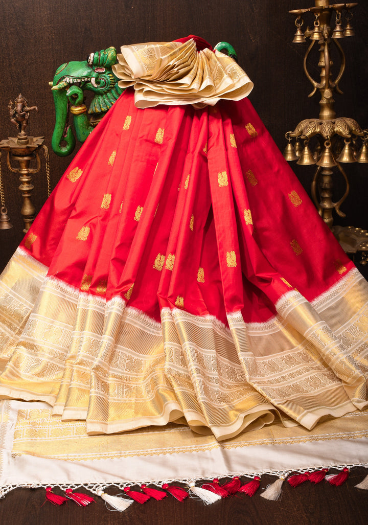 Red Ikkat Kanjivaram Silk Saree with Peacock Motifs and Contrast Wide Zari Border and Ikkat Blouse Piece  | SILK MARK CERTIFIED
