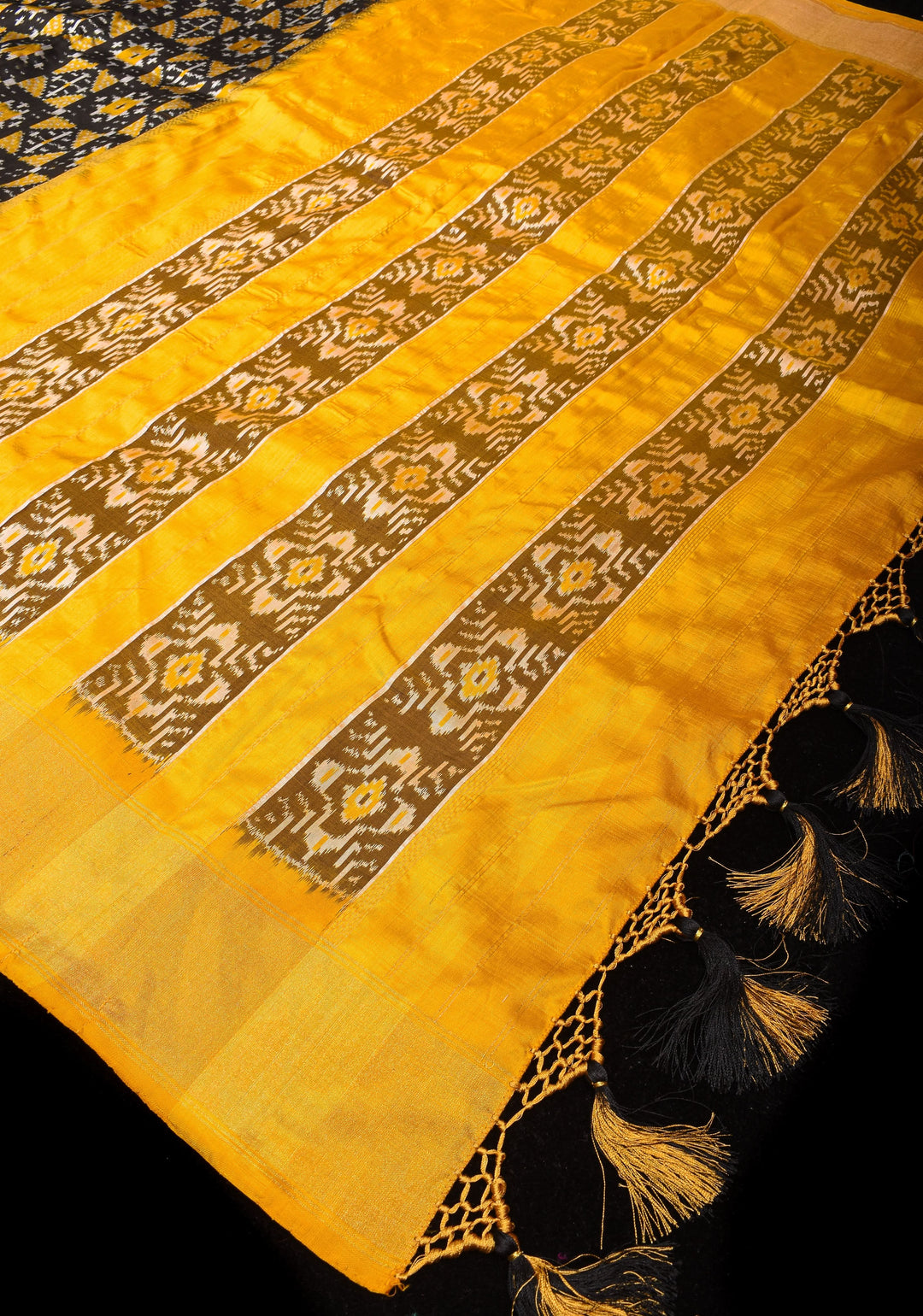 Black and Yellow Pure Ikkat Silk Saree with Geometric Ikkat designs and Yellow Zari Border| SILK MARK CERTIFIED