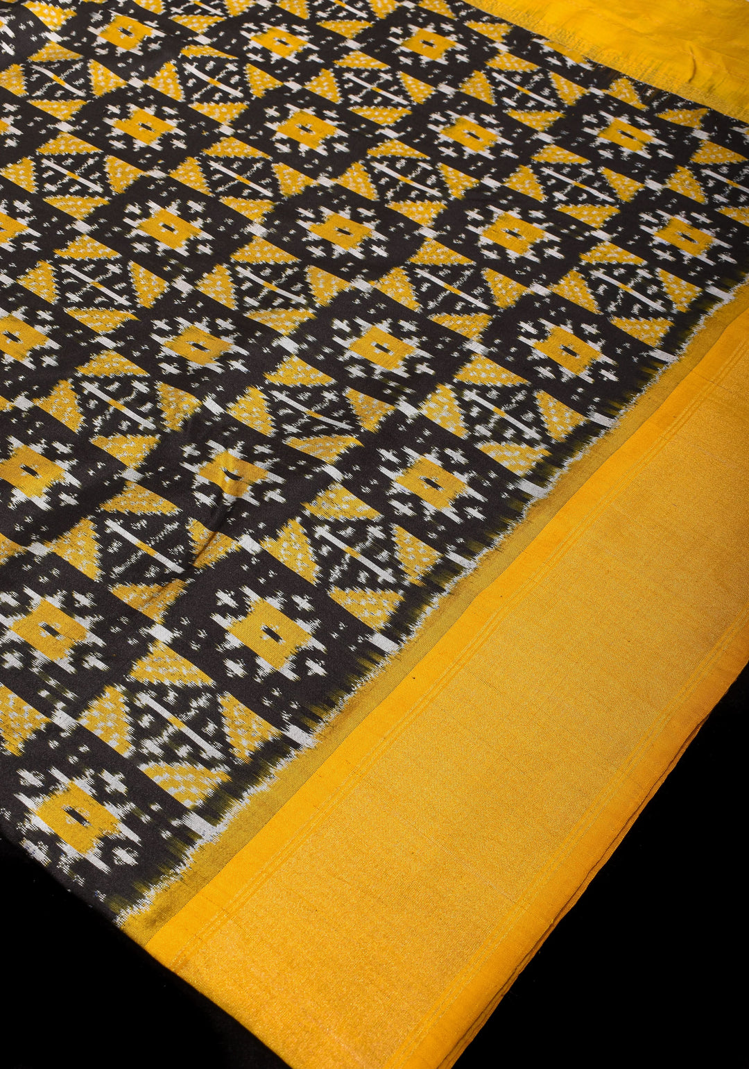 Black and Yellow Pure Ikkat Silk Saree with Geometric Ikkat designs and Yellow Zari Border| SILK MARK CERTIFIED