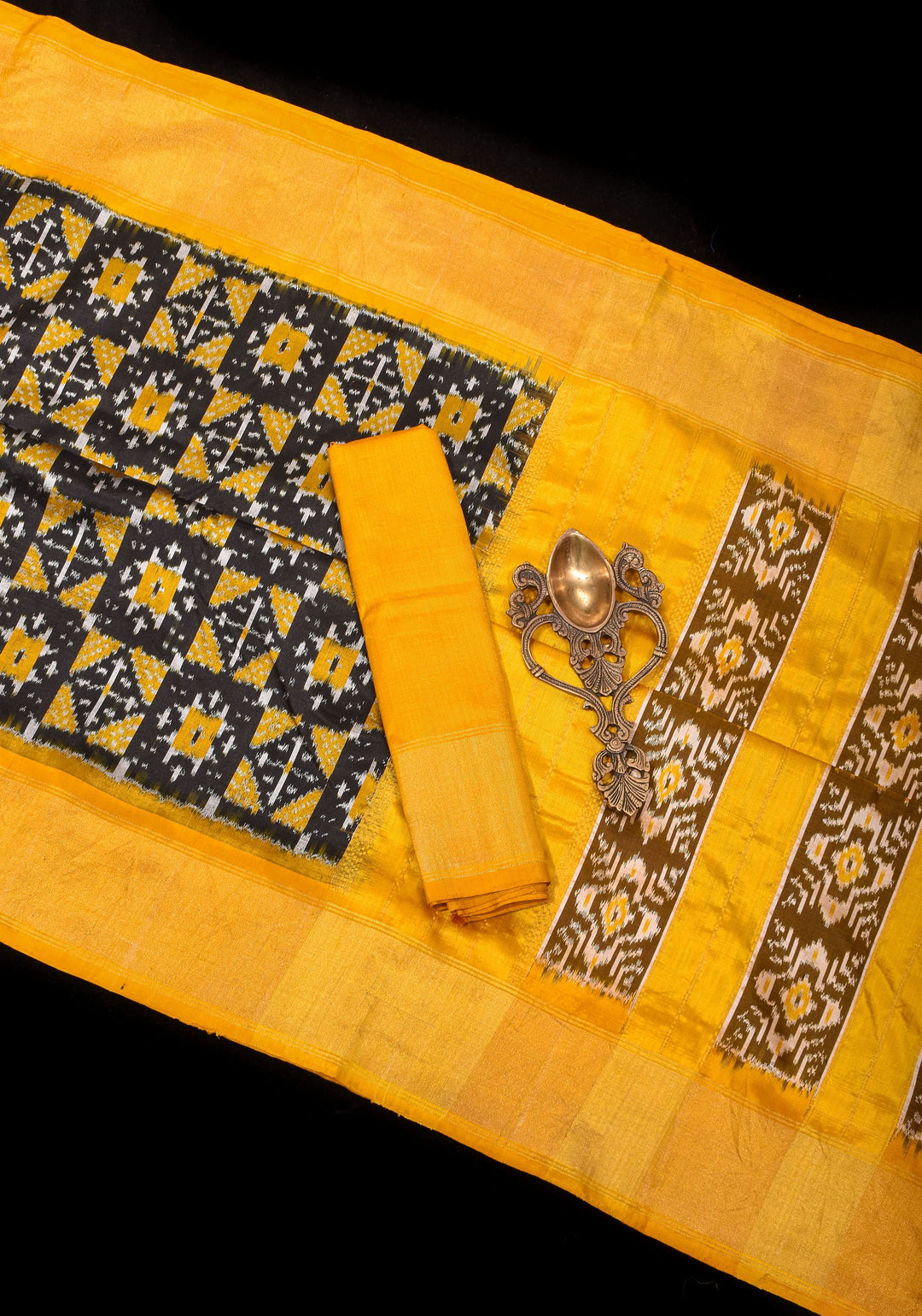 Black and Yellow Pure Ikkat Silk Saree with Geometric Ikkat designs and Yellow Zari Border| SILK MARK CERTIFIED