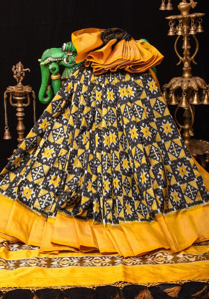 Black and Yellow Pure Ikkat Silk Saree with Geometric Ikkat designs and Yellow Zari Border| SILK MARK CERTIFIED