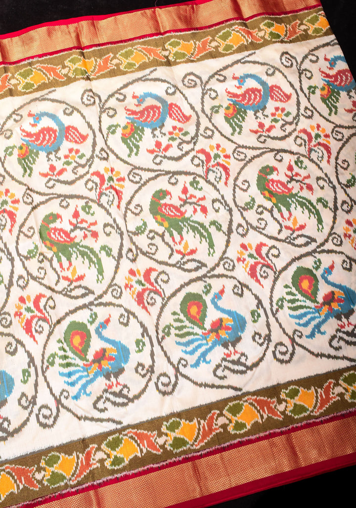 Ivory Ikkat Vanasingaram ikkat Silk Saree with Panel design Red Zari Border | SILK MARK CERTIFIED
