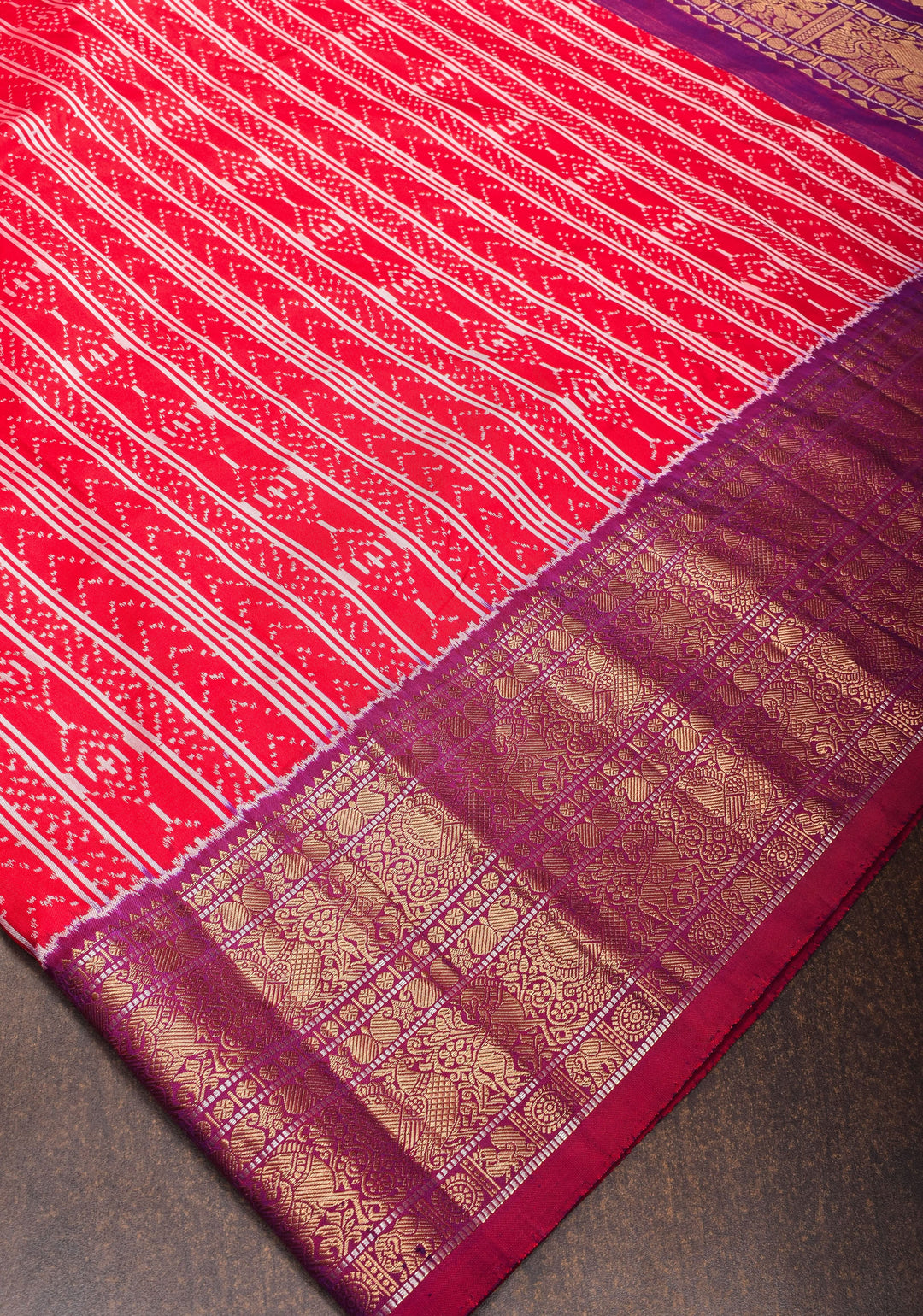 Red Pure Kanjivaram Silk Saree with Geometric Ikkat Weave and Contrast Zari Border | SILK MARK CERTIFIED
