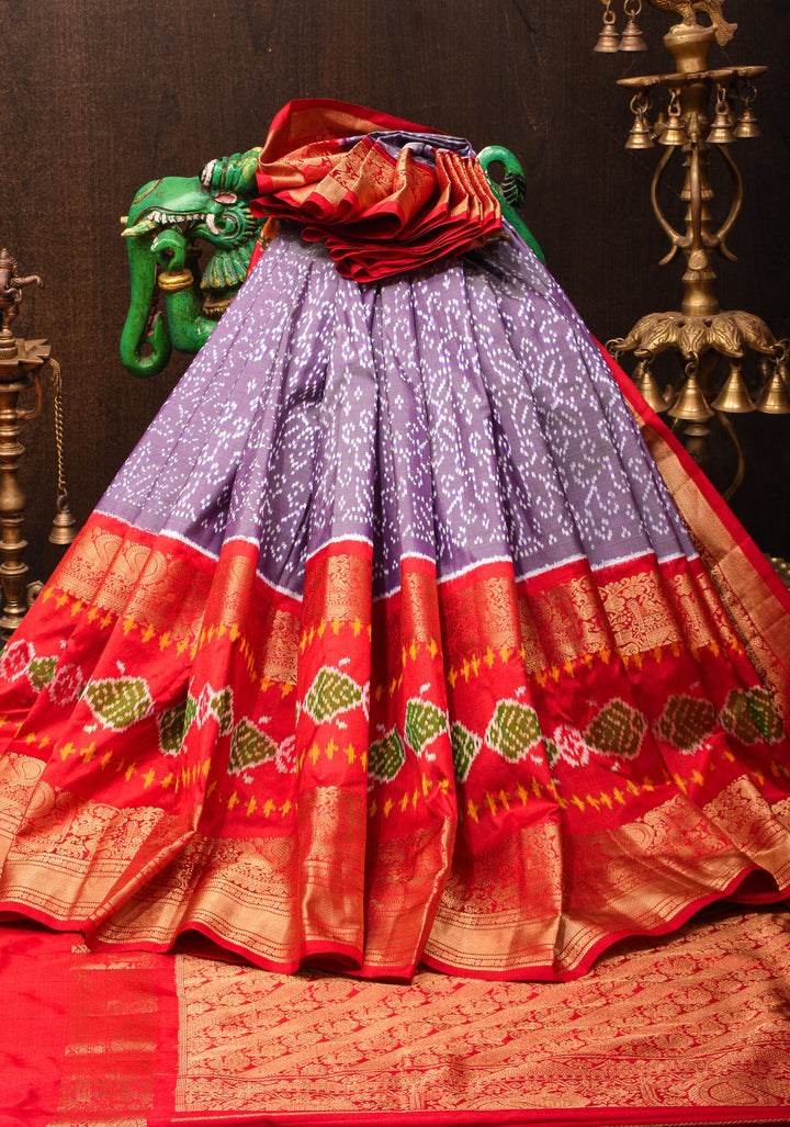 Lilac Ikkat Kanjivaram Pure Silk Saree with Twill Design and Red contrast border | SILK MARK CERTIFIED