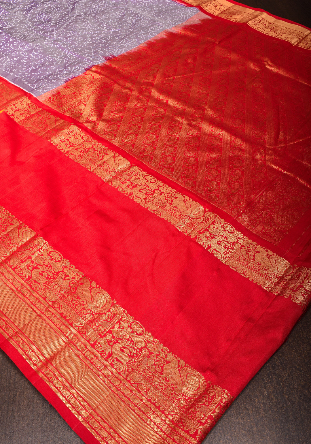 Lilac Ikkat Kanjivaram Pure Silk Saree with Twill Design and Red contrast border | SILK MARK CERTIFIED