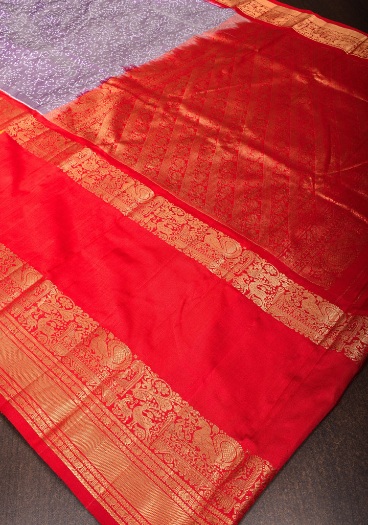 Lilac Ikkat Kanjivaram Pure Silk Saree with Twill Design and Red contrast border | SILK MARK CERTIFIED