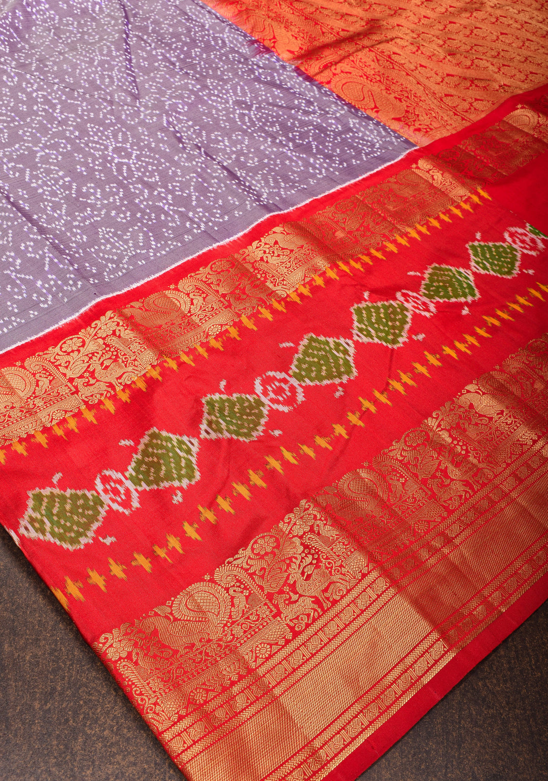 Lilac Ikkat Kanjivaram Pure Silk Saree with Twill Design and Red contrast border | SILK MARK CERTIFIED