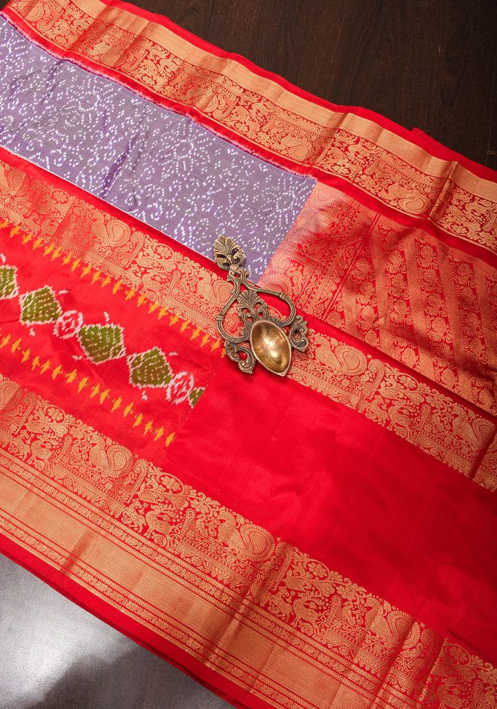 Lilac Ikkat Kanjivaram Pure Silk Saree with Twill Design and Red contrast border | SILK MARK CERTIFIED
