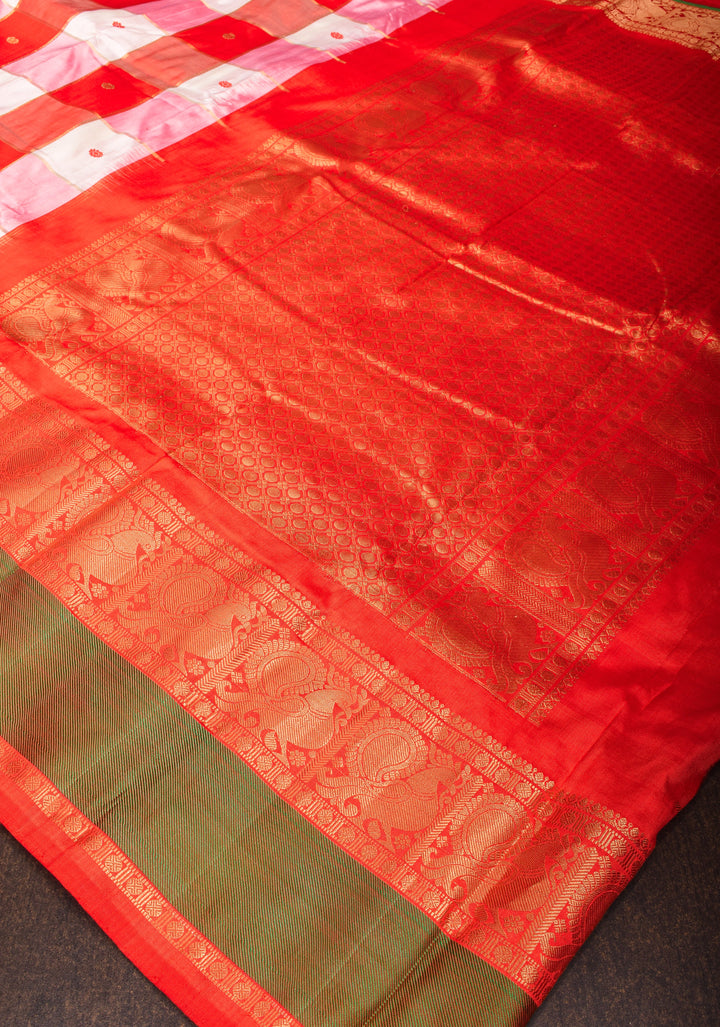 Red and White Ikkat checks Kanjivaram Fusion Silk Saree with zari buttas and wide border| SILK MARK CERTIFIED