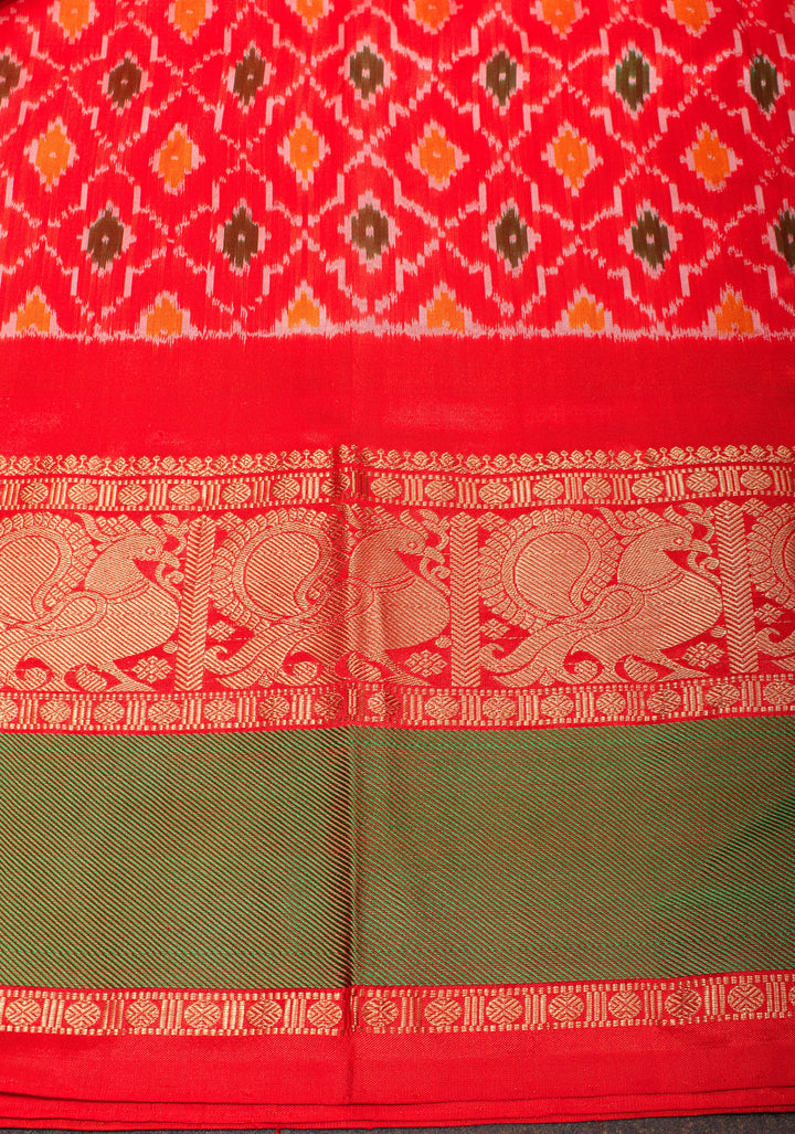 Red and White Ikkat checks Kanjivaram Fusion Silk Saree with zari buttas and wide border| SILK MARK CERTIFIED