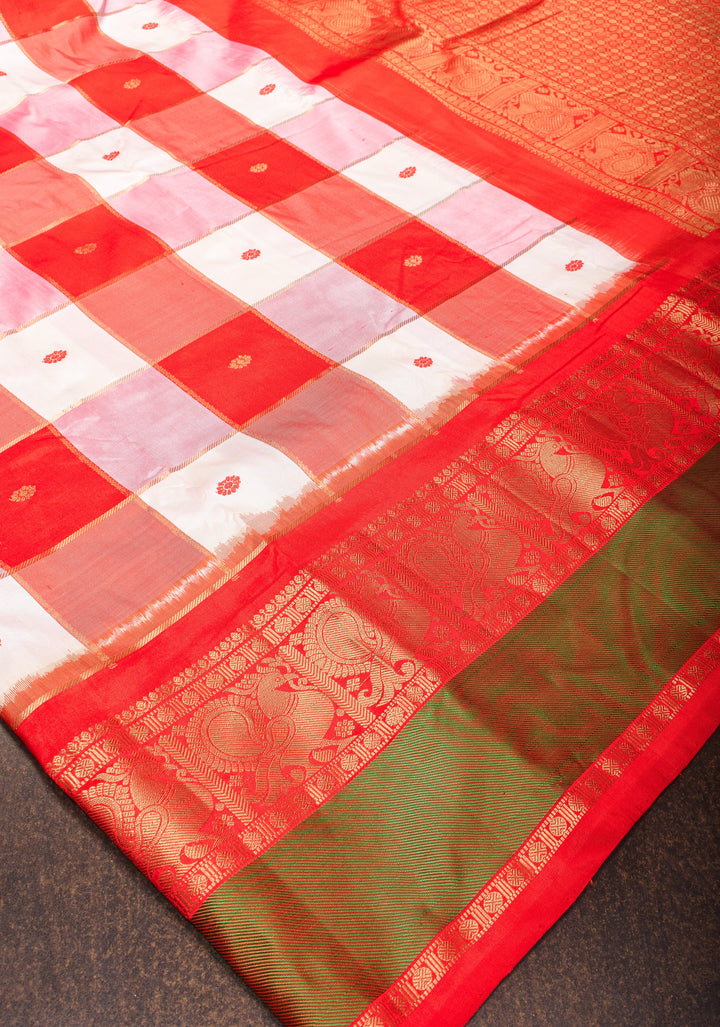 Red and White Ikkat checks Kanjivaram Fusion Silk Saree with zari buttas and wide border| SILK MARK CERTIFIED