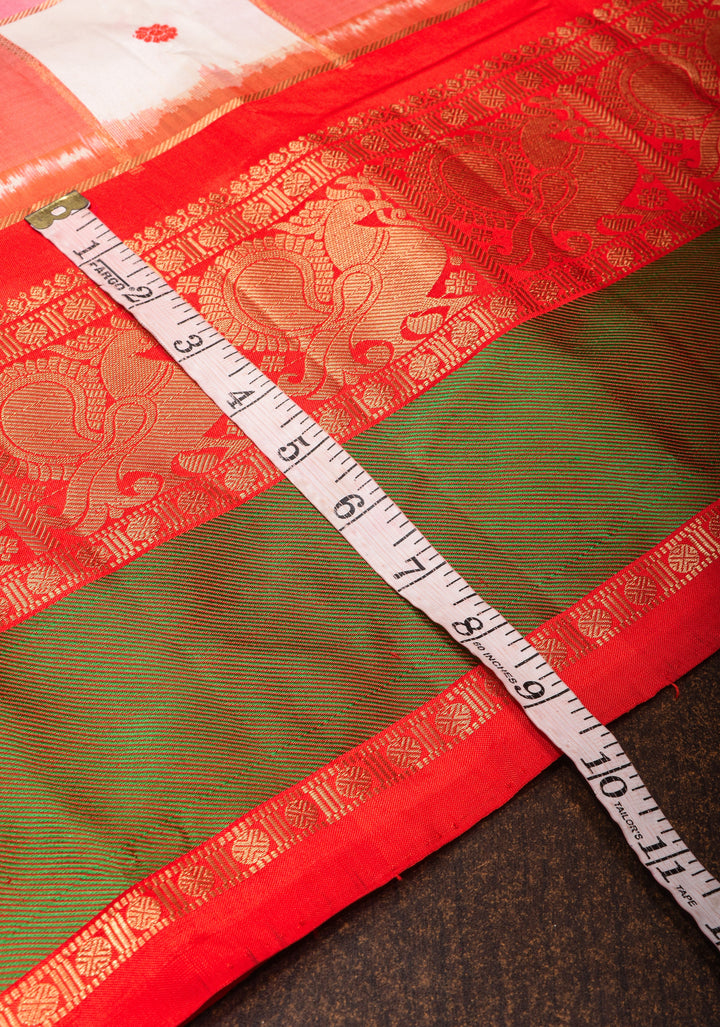Red and White Ikkat checks Kanjivaram Fusion Silk Saree with zari buttas and wide border| SILK MARK CERTIFIED