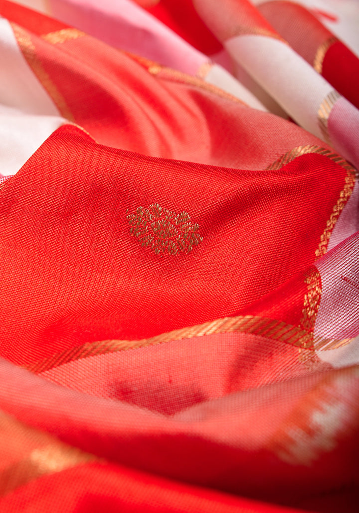 Red and White Ikkat checks Kanjivaram Fusion Silk Saree with zari buttas and wide border| SILK MARK CERTIFIED