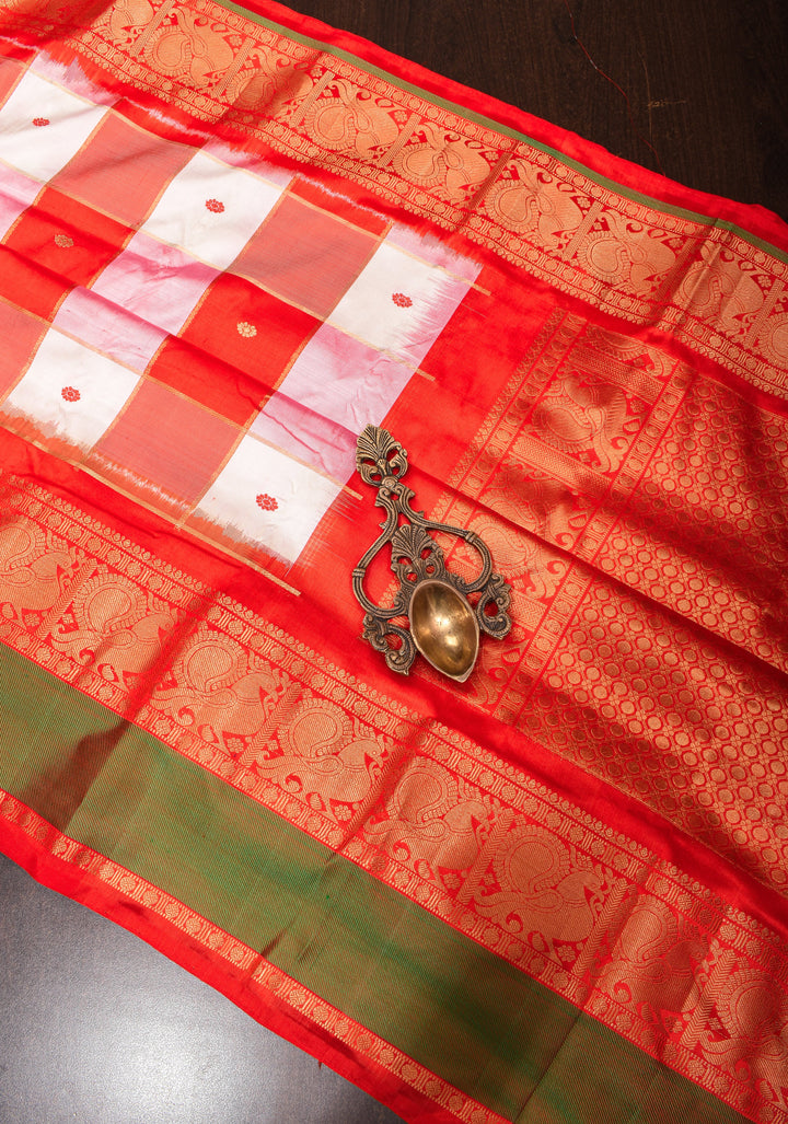Red and White Ikkat checks Kanjivaram Fusion Silk Saree with zari buttas and wide border| SILK MARK CERTIFIED