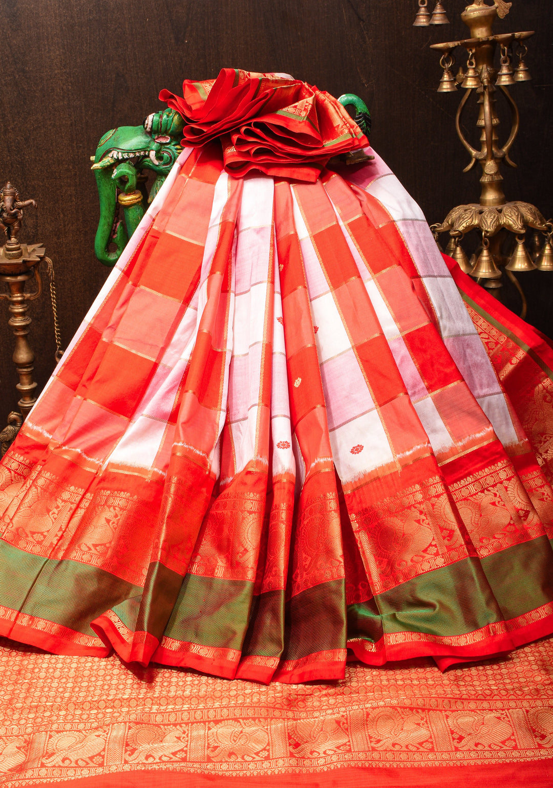Red and White Ikkat checks Kanjivaram Fusion Silk Saree with zari buttas and wide border| SILK MARK CERTIFIED
