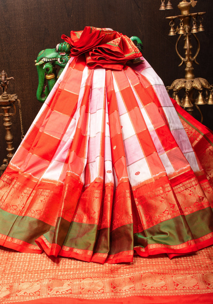 Red and White Ikkat checks Kanjivaram Fusion Silk Saree with zari buttas and wide border| SILK MARK CERTIFIED