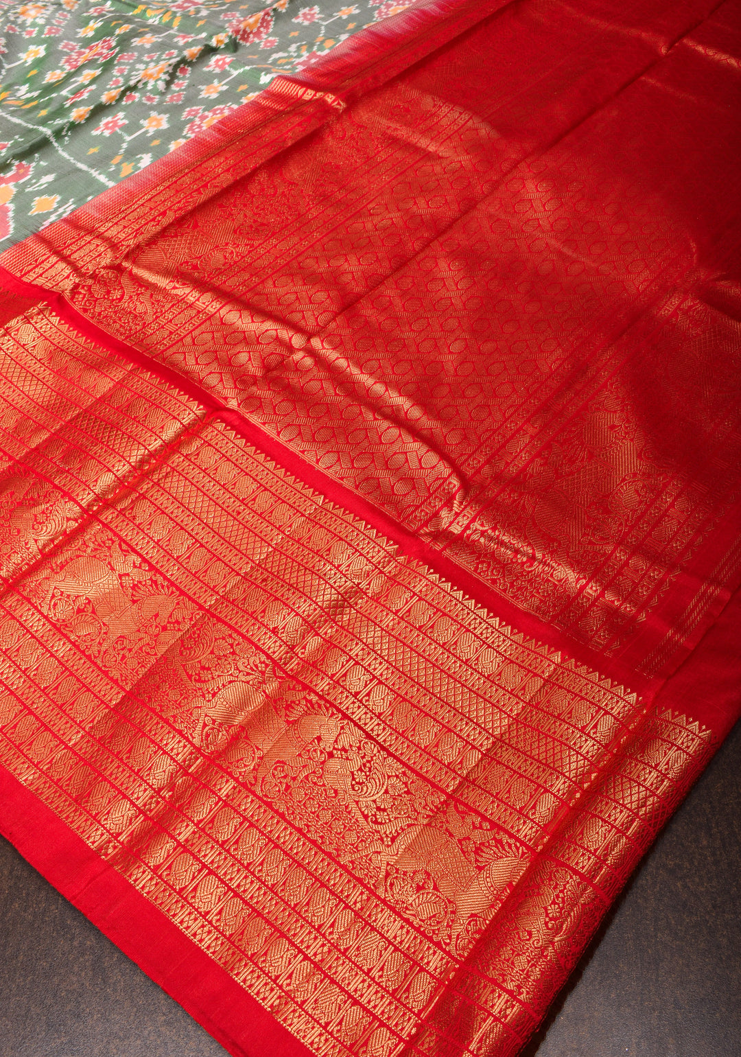 Sage Green Ikkat Kanjivaram Fusion Silk Saree with Red contrast Zari Border | SILK MARK CERTIFIED