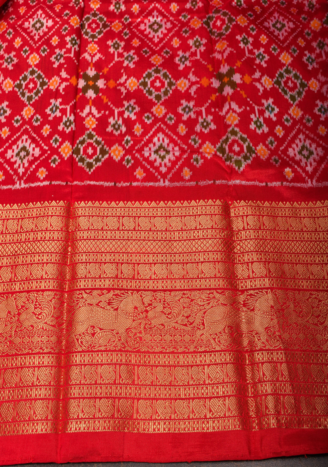 Sage Green Ikkat Kanjivaram Fusion Silk Saree with Red contrast Zari Border | SILK MARK CERTIFIED