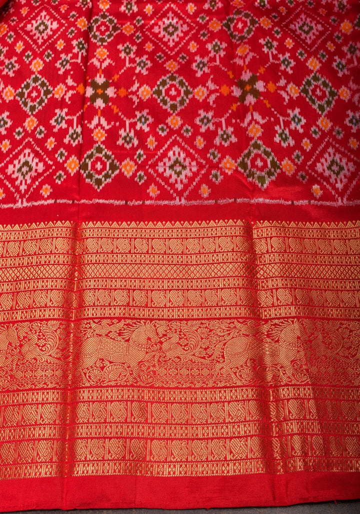 Sage Green Ikkat Kanjivaram Fusion Silk Saree with Red contrast Zari Border | SILK MARK CERTIFIED