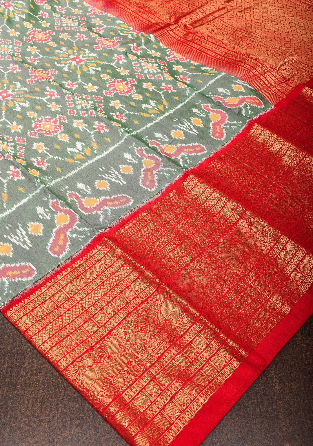 Sage Green Ikkat Kanjivaram Fusion Silk Saree with Red contrast Zari Border | SILK MARK CERTIFIED