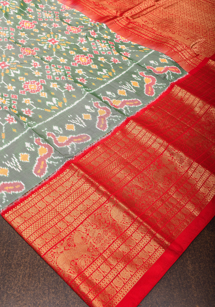 Sage Green Ikkat Kanjivaram Fusion Silk Saree with Red contrast Zari Border | SILK MARK CERTIFIED