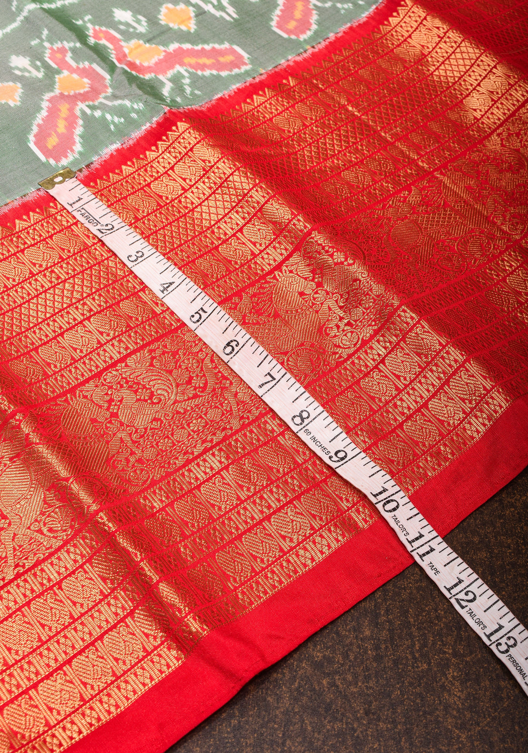 Sage Green Ikkat Kanjivaram Fusion Silk Saree with Red contrast Zari Border | SILK MARK CERTIFIED