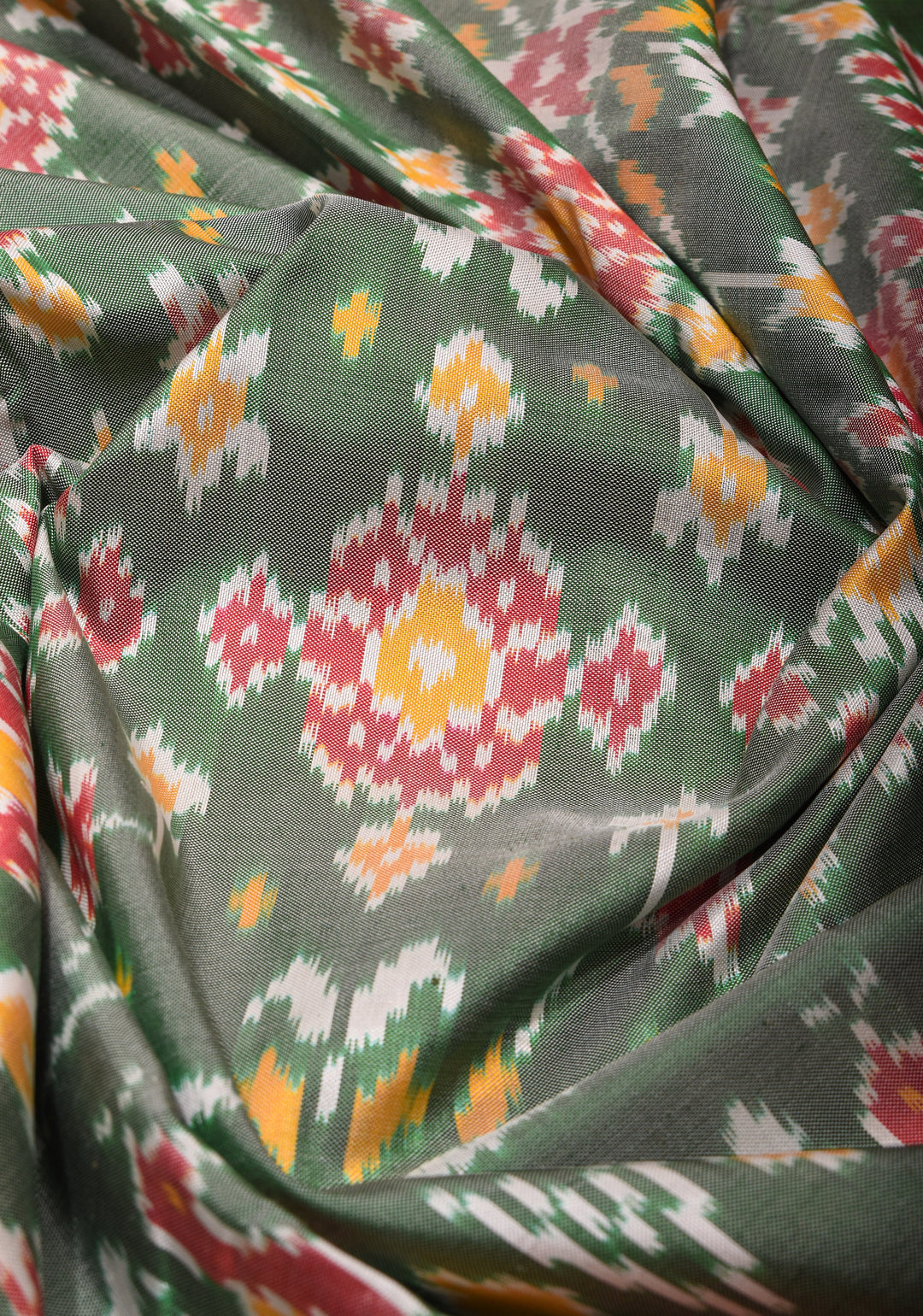 Sage Green Ikkat Kanjivaram Fusion Silk Saree with Red contrast Zari Border | SILK MARK CERTIFIED