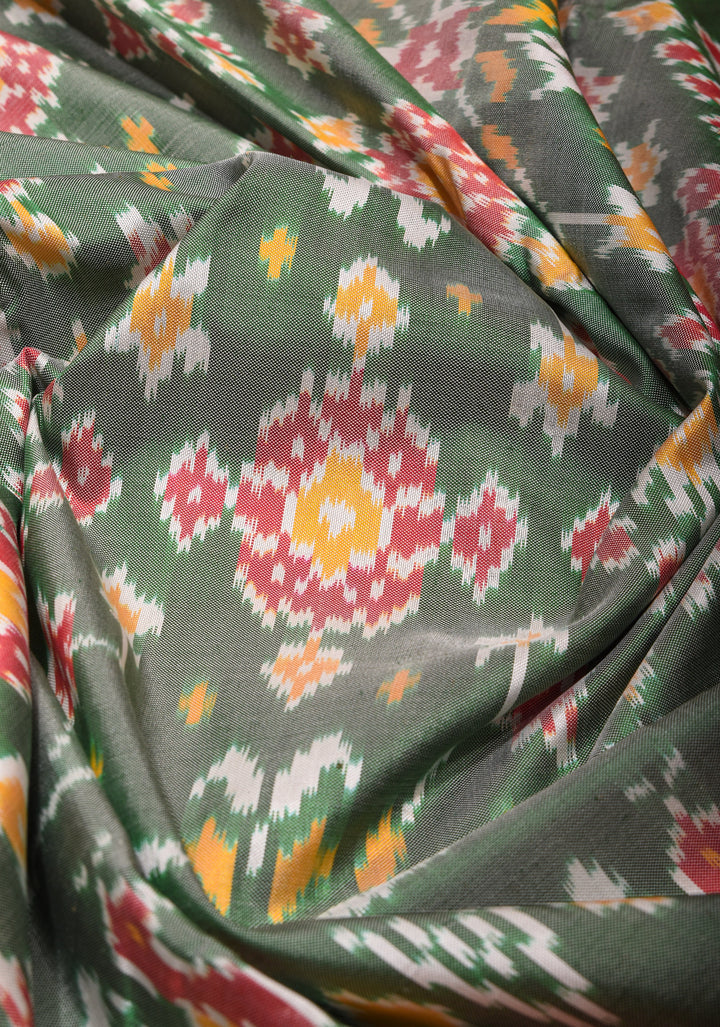 Sage Green Ikkat Kanjivaram Fusion Silk Saree with Red contrast Zari Border | SILK MARK CERTIFIED