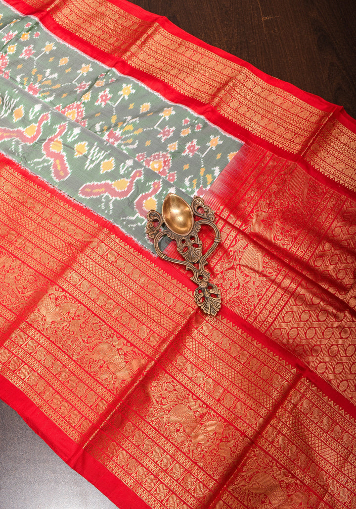 Sage Green Ikkat Kanjivaram Fusion Silk Saree with Red contrast Zari Border | SILK MARK CERTIFIED