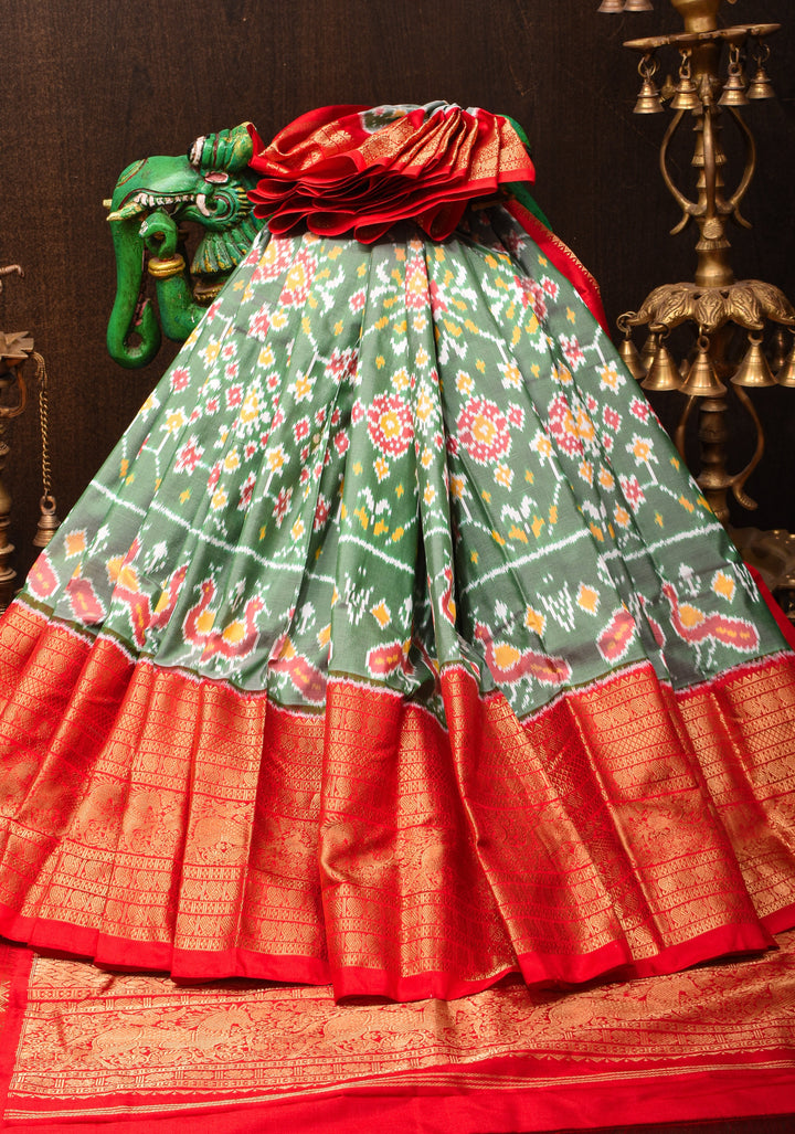 Sage Green Ikkat Kanjivaram Fusion Silk Saree with Red contrast Zari Border | SILK MARK CERTIFIED