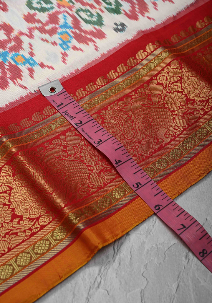 White Ikkat Pure Silk Saree with Zari Border | SILK MARK CERTIFIED