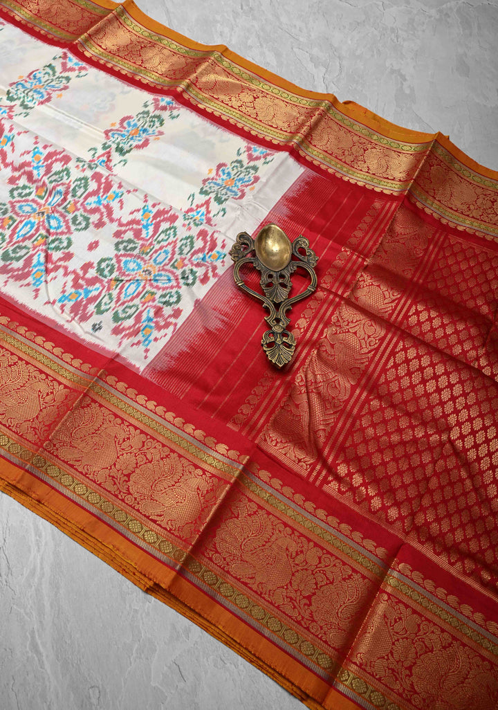 White Ikkat Pure Silk Saree with Zari Border | SILK MARK CERTIFIED