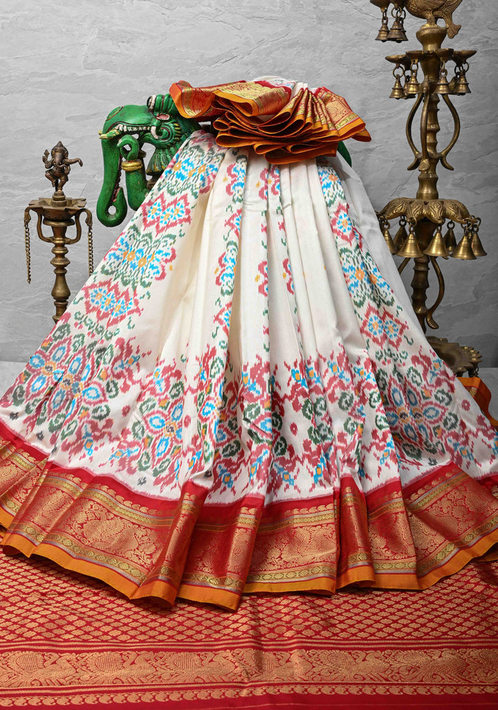 White Ikkat Pure Silk Saree with Zari Border | SILK MARK CERTIFIED