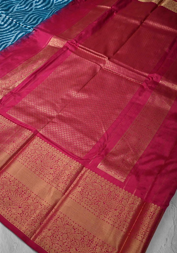 Peacock Blue-Gray Ikkat Kanjivaram Fusion Silk Saree with Chevron Pattern weave and Contrast Zari Border | SILK MARK CERTIFIED