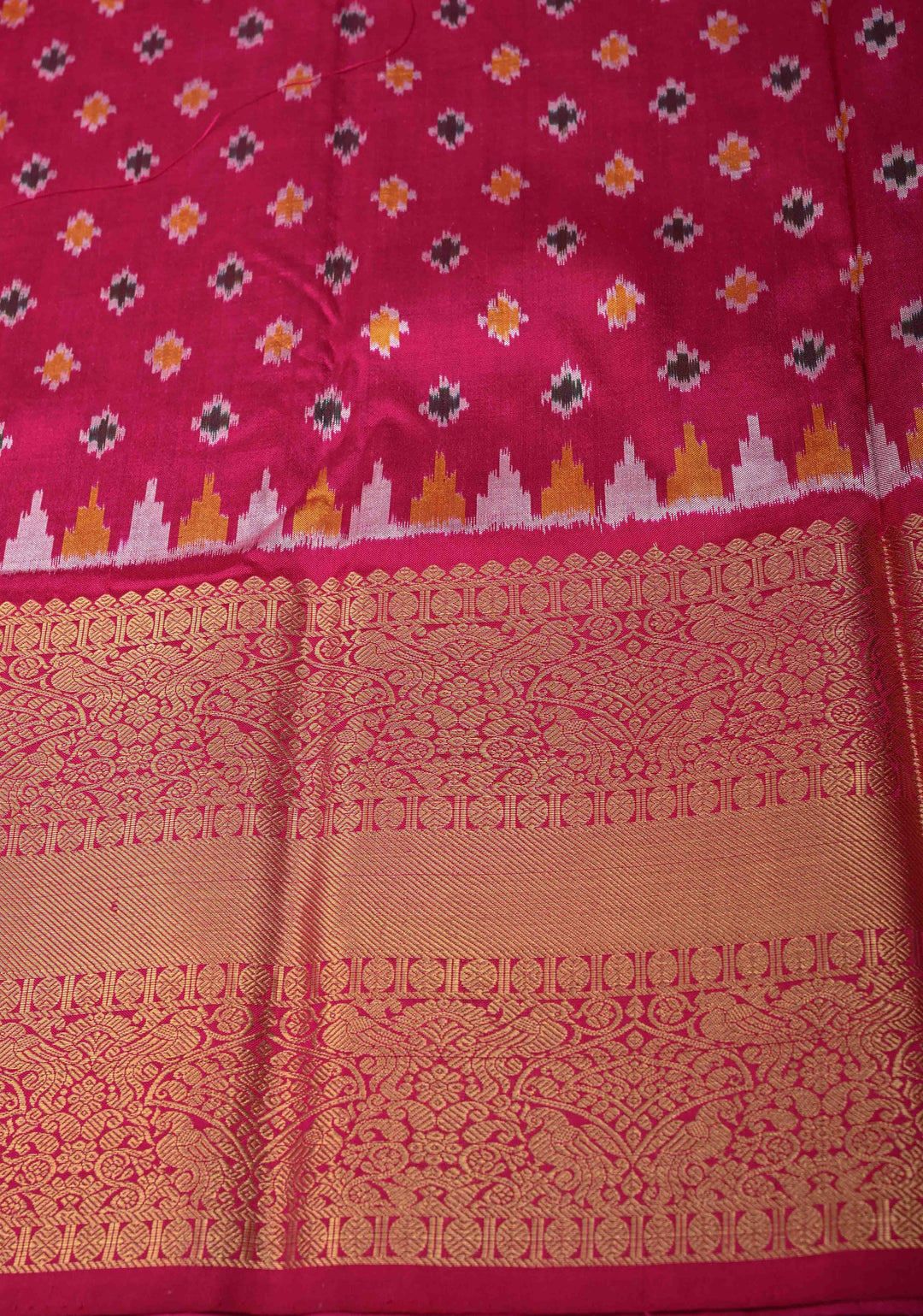 Peacock Blue-Gray Ikkat Kanjivaram Fusion Silk Saree with Chevron Pattern weave and Contrast Zari Border | SILK MARK CERTIFIED