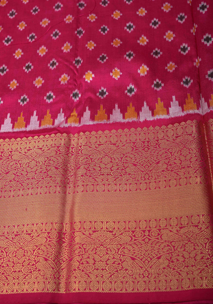 Peacock Blue-Gray Ikkat Kanjivaram Fusion Silk Saree with Chevron Pattern weave and Contrast Zari Border | SILK MARK CERTIFIED