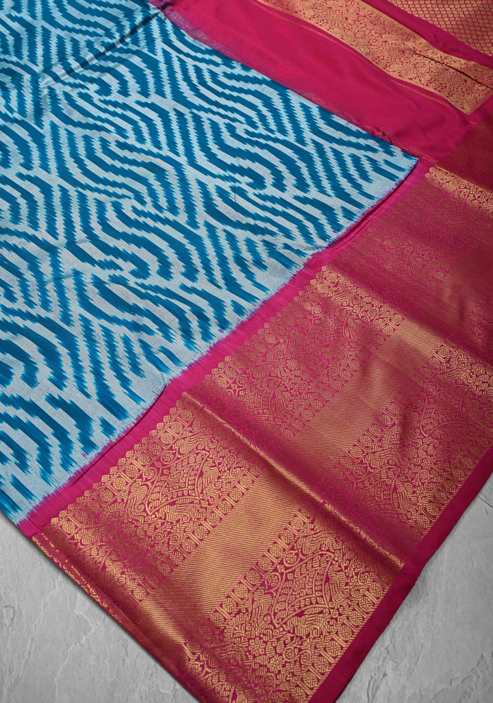 Peacock Blue-Gray Ikkat Kanjivaram Fusion Silk Saree with Chevron Pattern weave and Contrast Zari Border | SILK MARK CERTIFIED