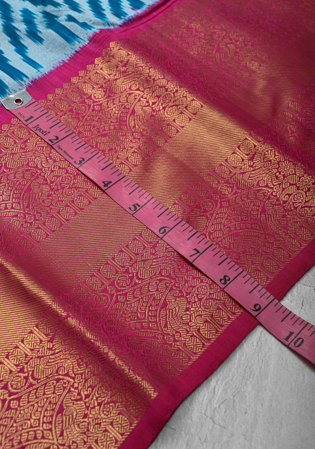 Peacock Blue-Gray Ikkat Kanjivaram Fusion Silk Saree with Chevron Pattern weave and Contrast Zari Border | SILK MARK CERTIFIED