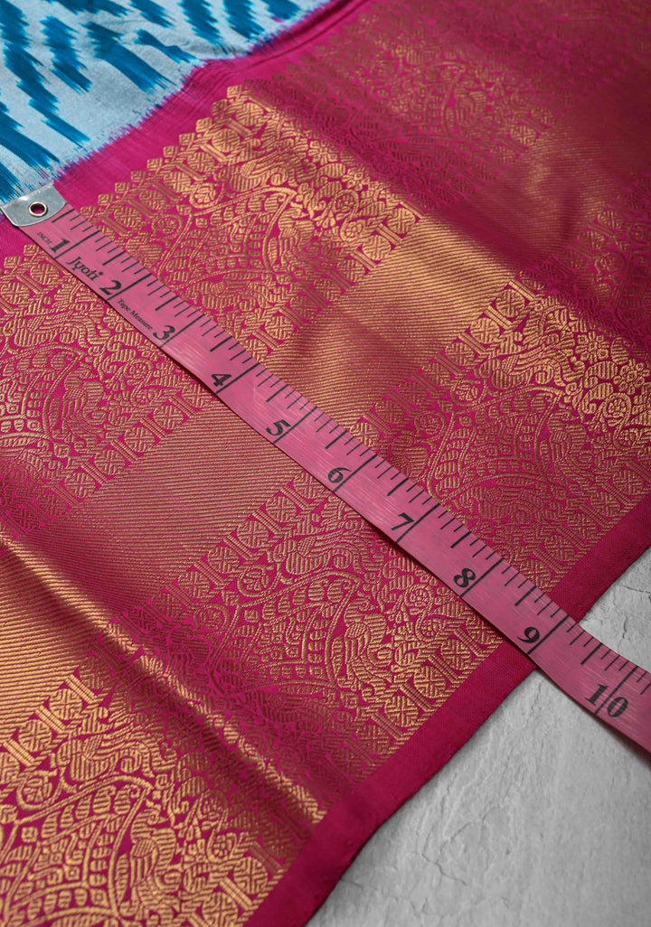 Peacock Blue-Gray Ikkat Kanjivaram Fusion Silk Saree with Chevron Pattern weave and Contrast Zari Border | SILK MARK CERTIFIED