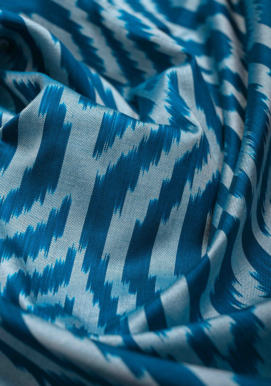 Peacock Blue-Gray Ikkat Kanjivaram Fusion Silk Saree with Chevron Pattern weave and Contrast Zari Border | SILK MARK CERTIFIED