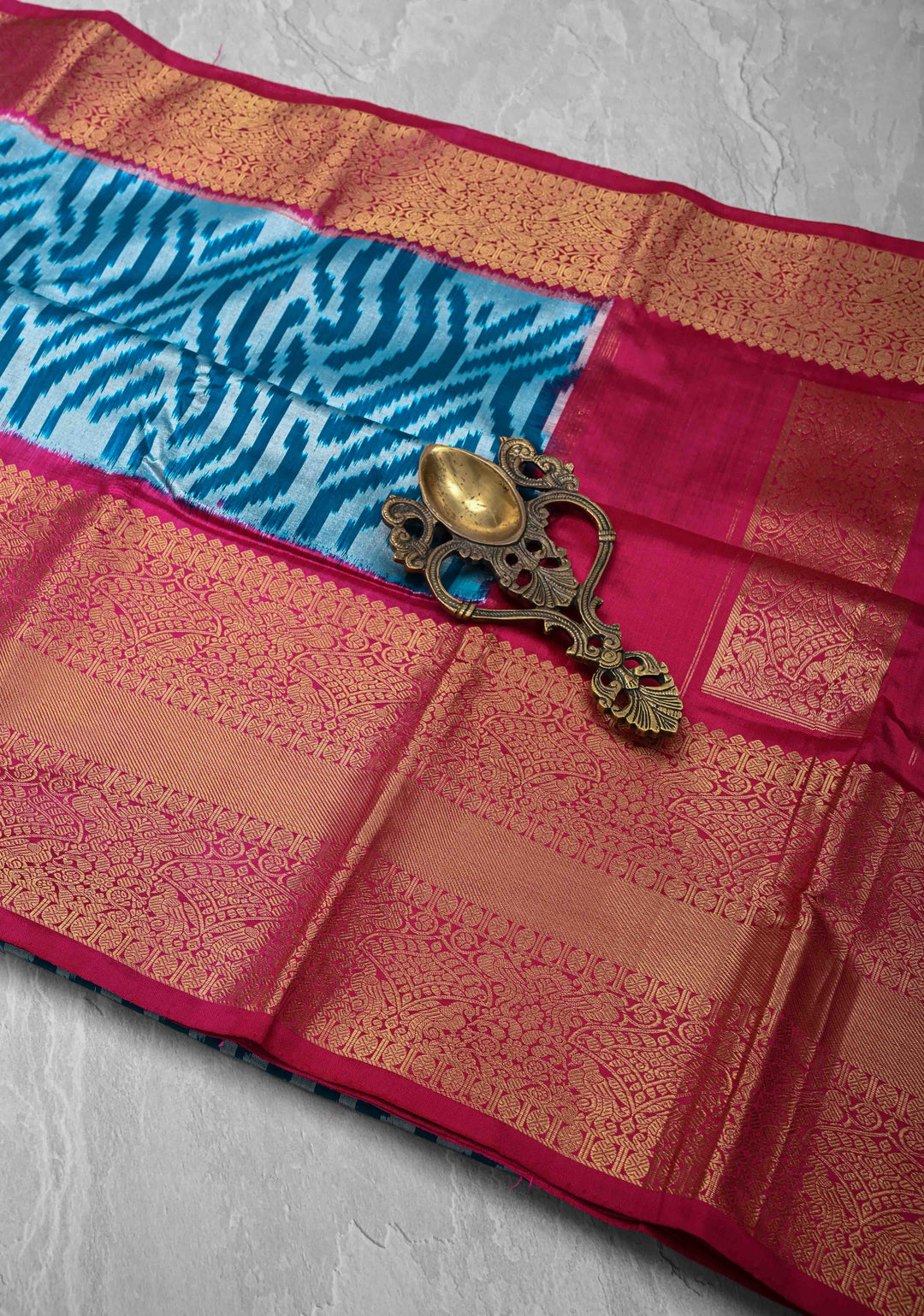 Peacock Blue-Gray Ikkat Kanjivaram Fusion Silk Saree with Chevron Pattern weave and Contrast Zari Border | SILK MARK CERTIFIED